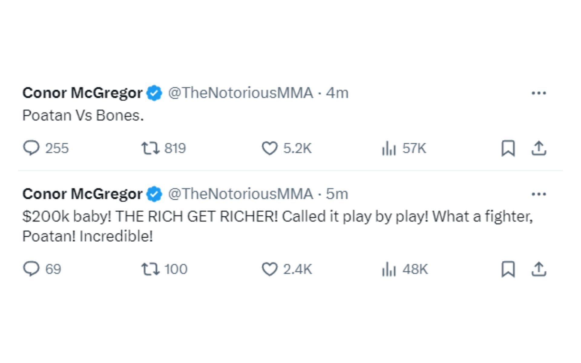 Conor McGregor tweets winnings from UFC 307 bet. [Image courtesy: @TheNotoriousMMA via X]