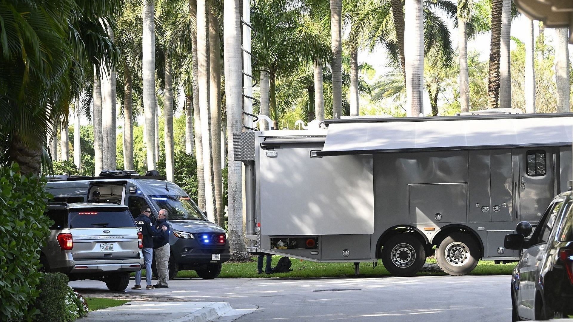 Police and Homeland Security officers are seen at the waterfront mansion of Sean Combs in Miami during a bi-coastal raid on March 25, 2024 in Miami Beach, Florida. (Photo by MEGA/GC Images)