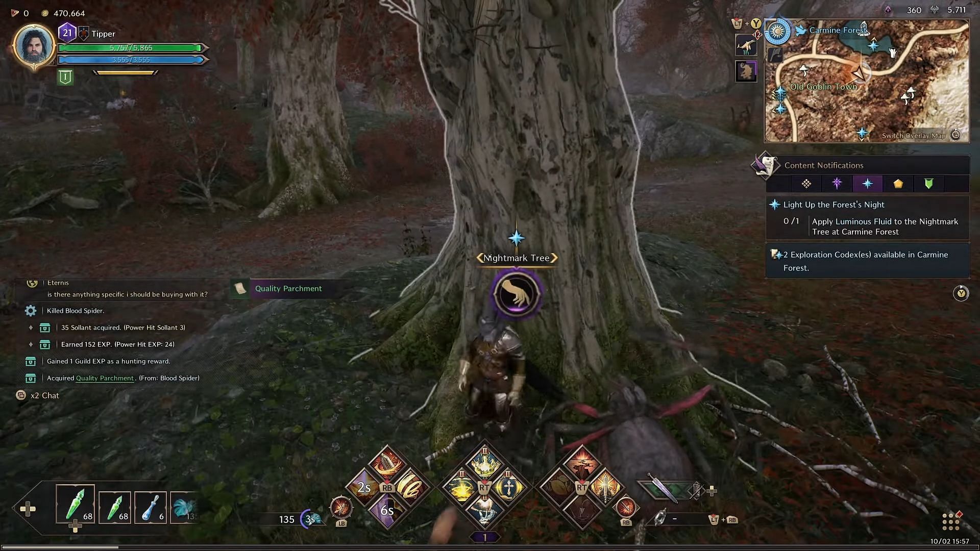 Interacting with the Nightmark Tree to apply Luminous Fluid (Image via NCSOFT)