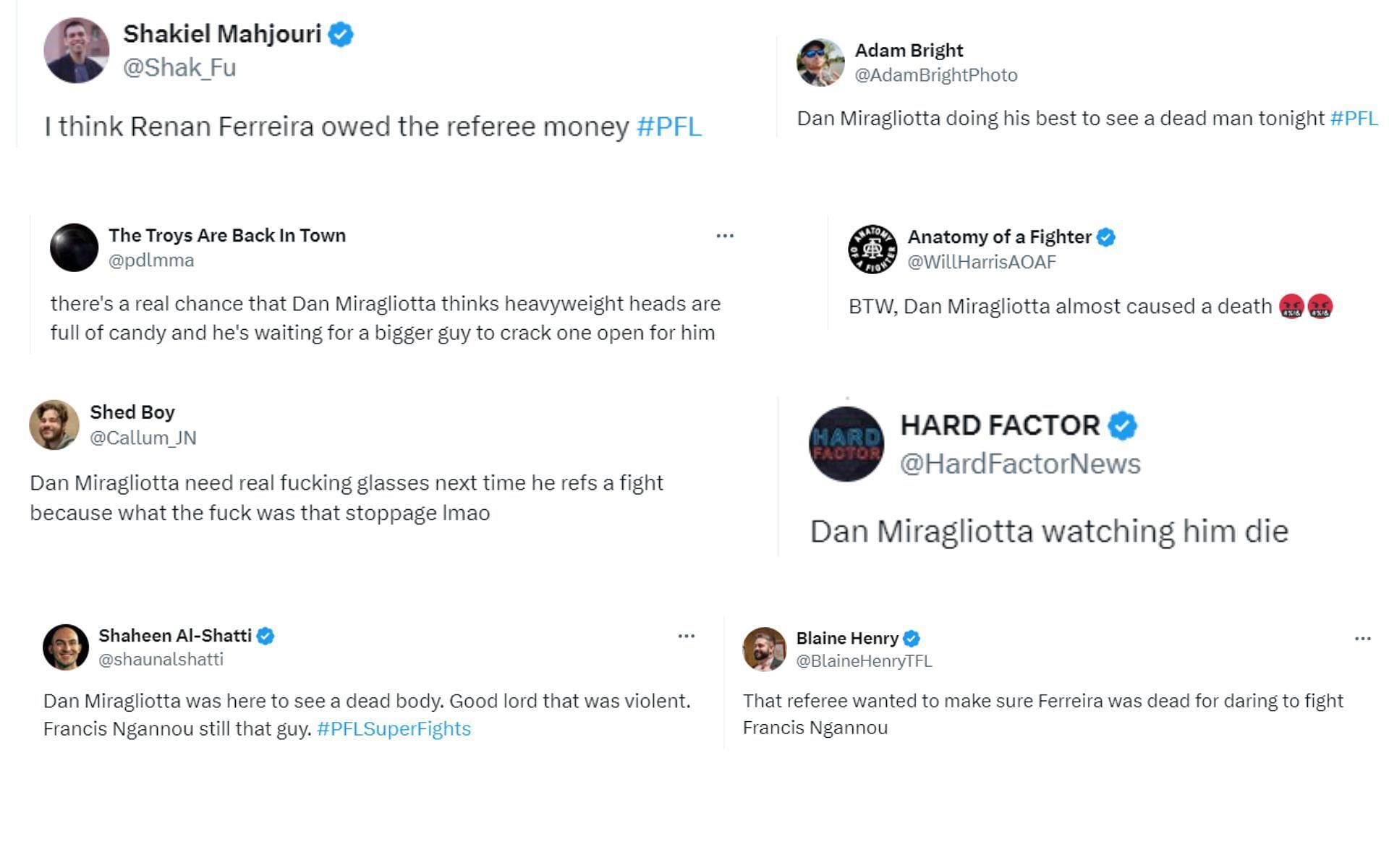 Screenshots of fan reactions on X to Dan Miragliotta&#039;s stoppage of Francis Ngannou vs. Renan Ferreira fight