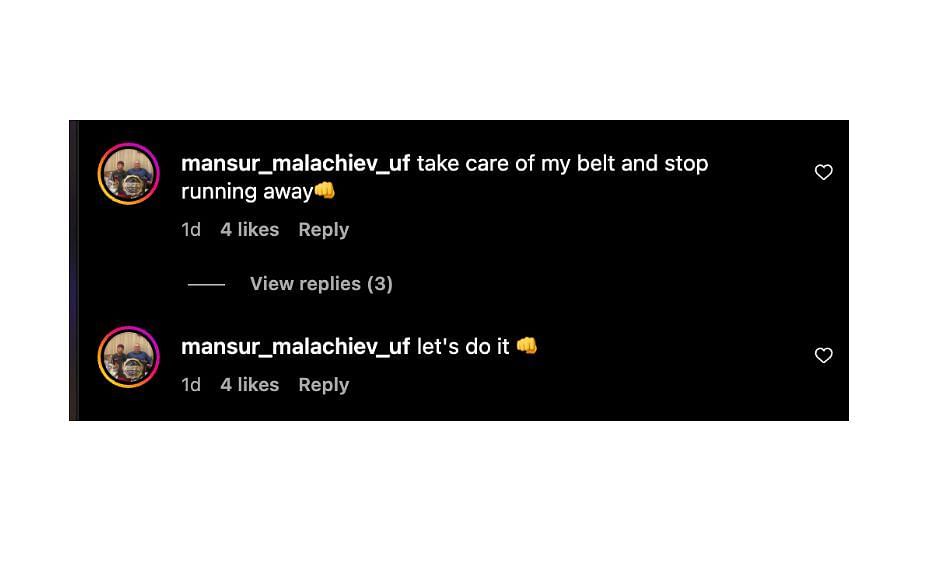 Screenshot of Mansur Malachiev&#039;s comments. [Jarred Brooks/Instagram, screenshot]