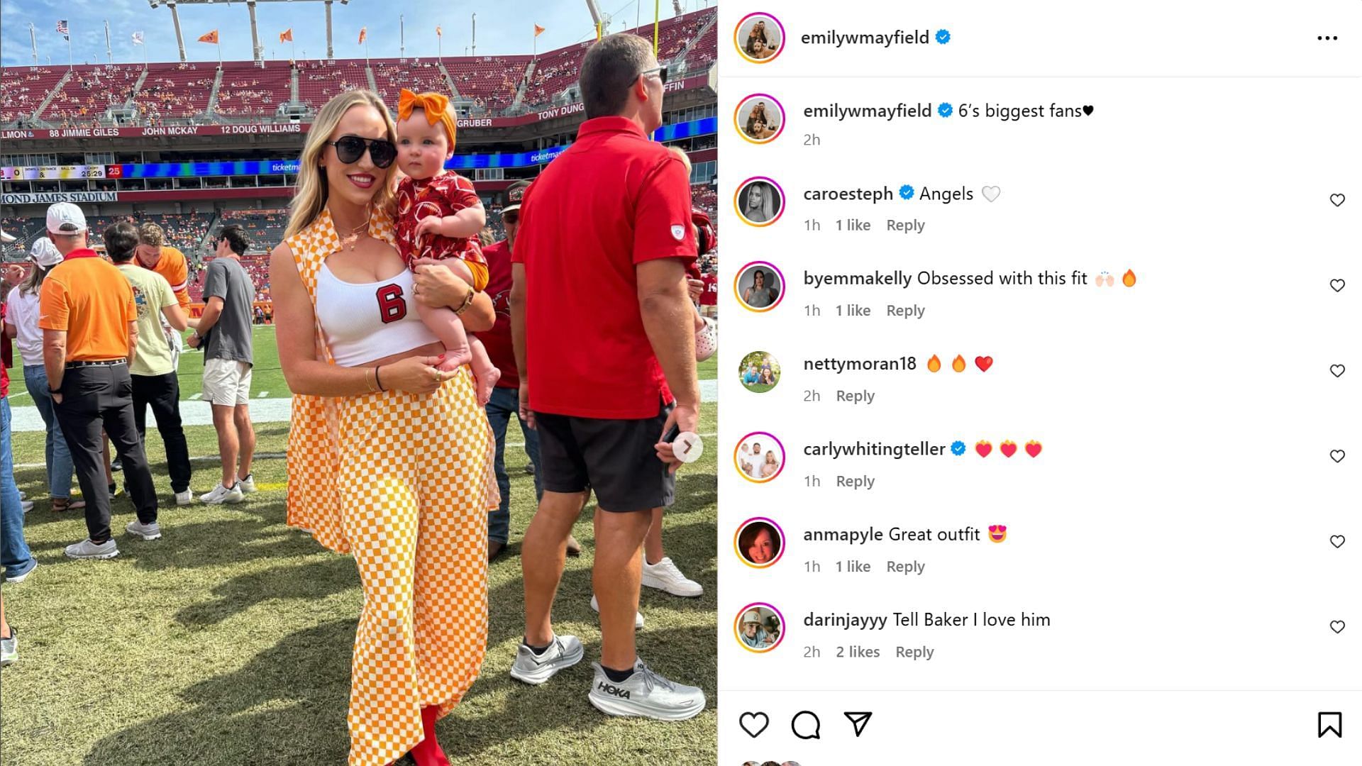 Baker Mayfield&#039;s wife Emily shares adorable gameday snaps with daughter Kova Jade [Image credit: @emilywaymayfield IG]