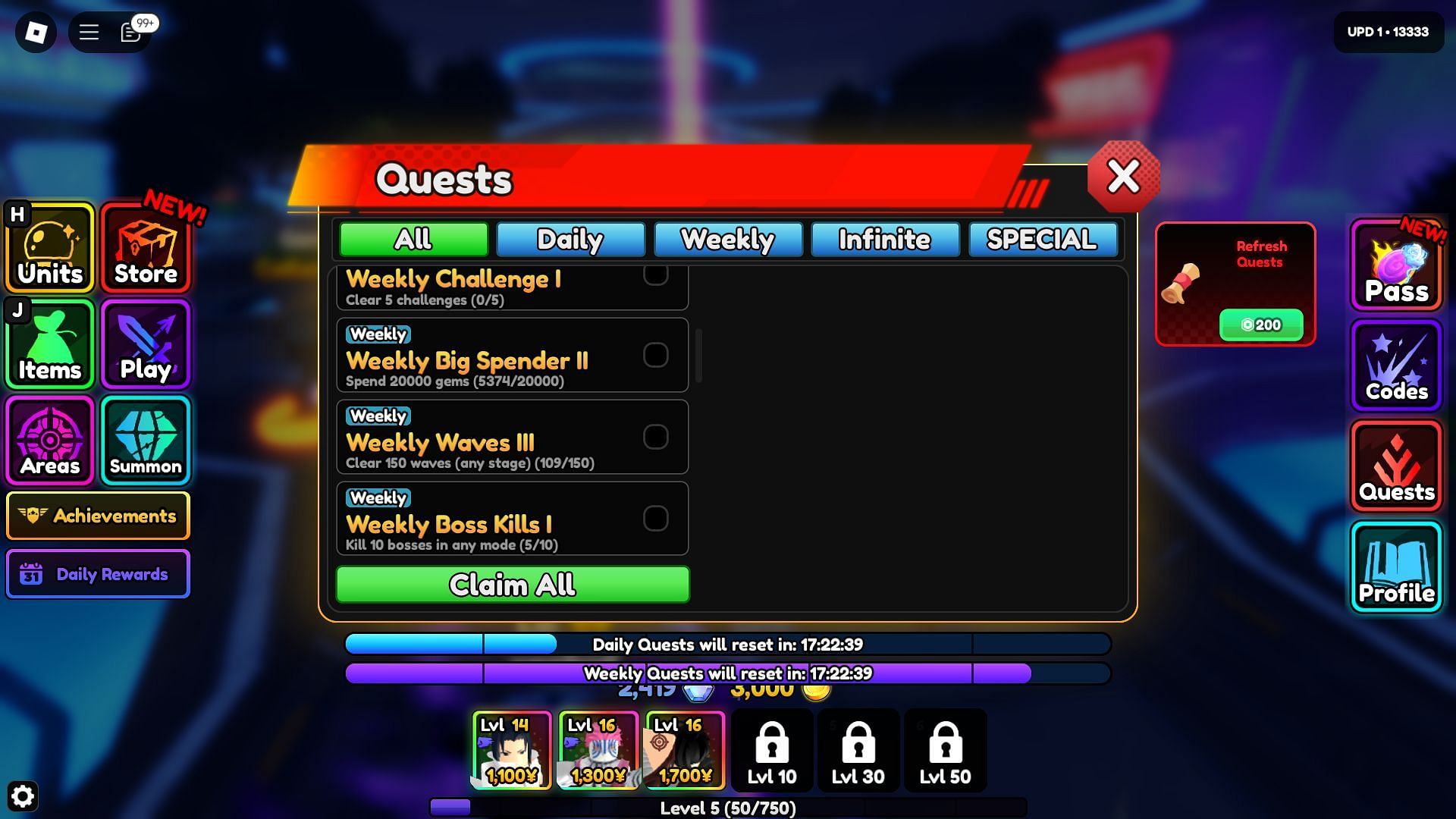 You can complete quests to get experience (Image via Roblox)