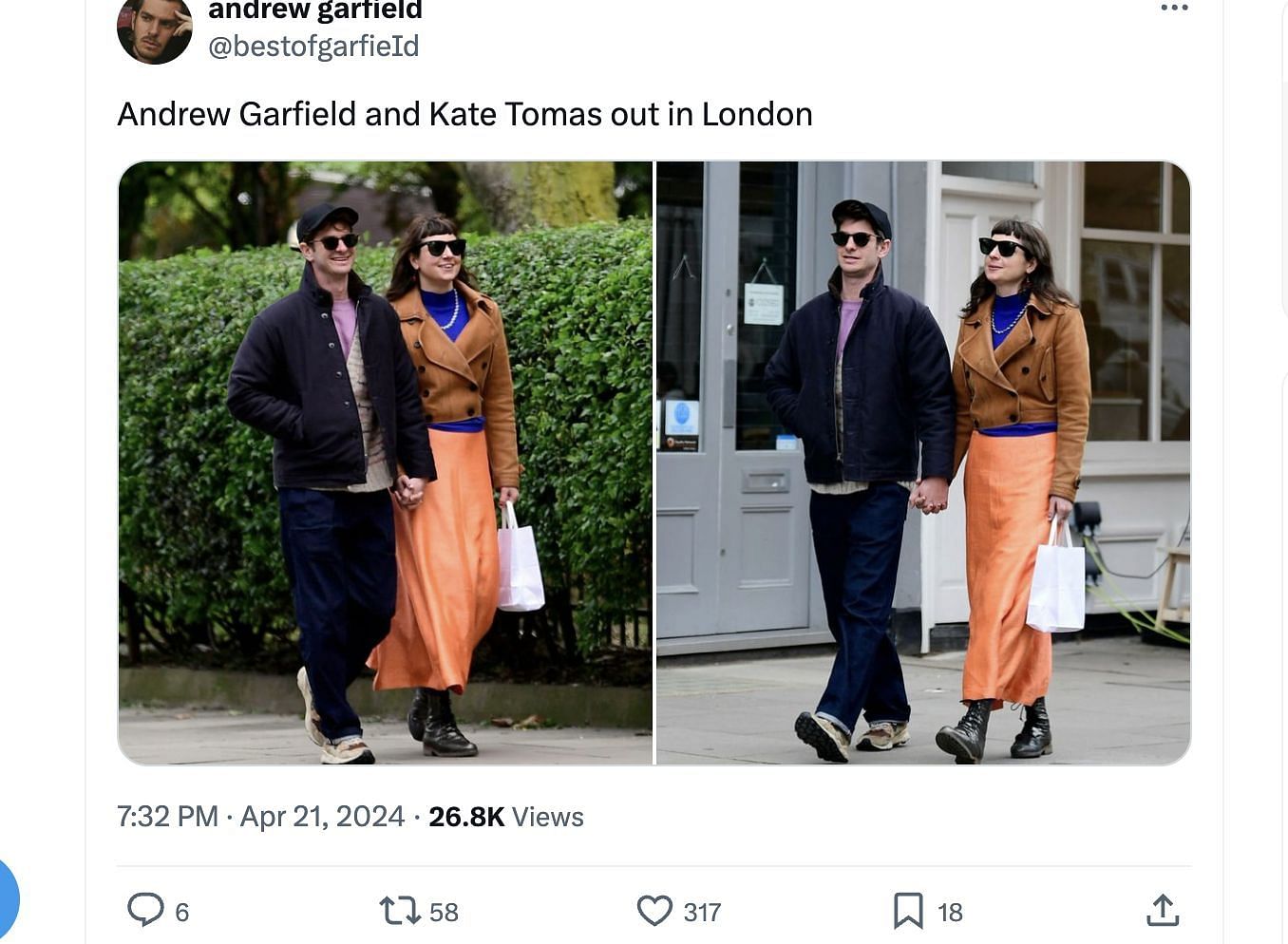 Tomas announces breakup with Andrew Garfield in the comments section of an Instagram post. (Image via X)