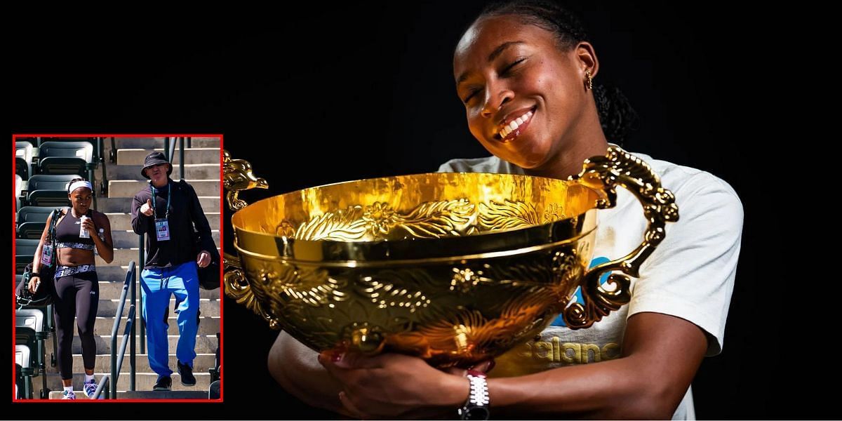 Coco Gauff with her China Open trophy, Gauff and Brad Gilbert (inset) | Getty