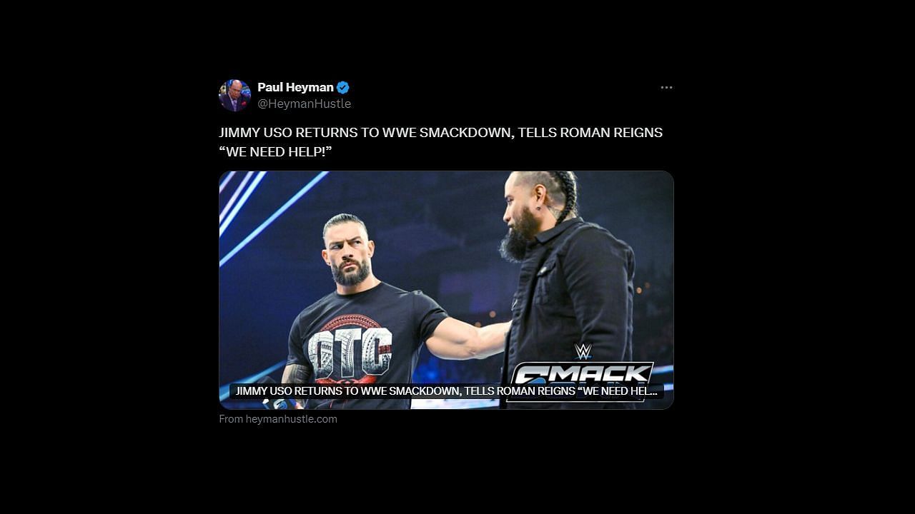 Heyman's tweet about Jimmy's request to Reigns on SmackDown (via Twitter)