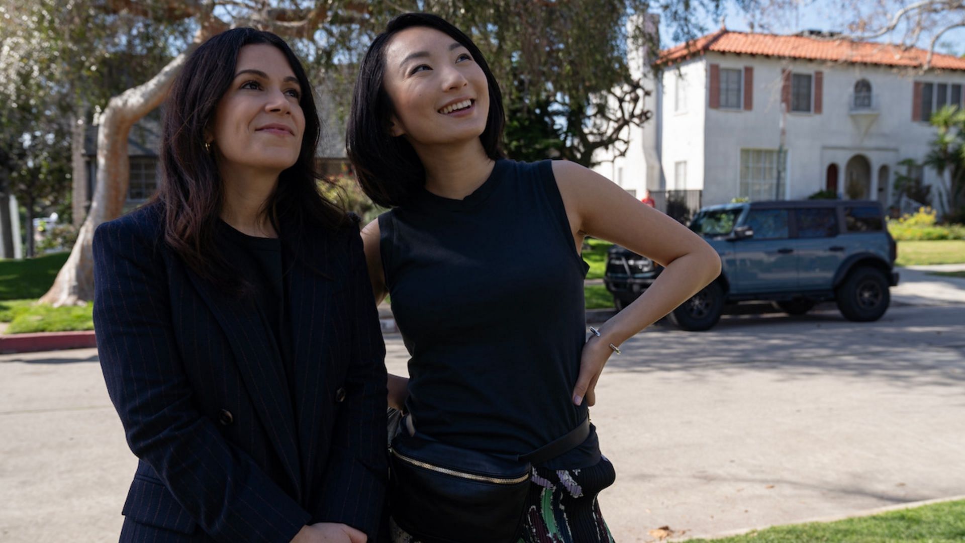 Abbi Jacobson and Poppy Liu play one of the couples vying for the villa. (Image via Netflix)