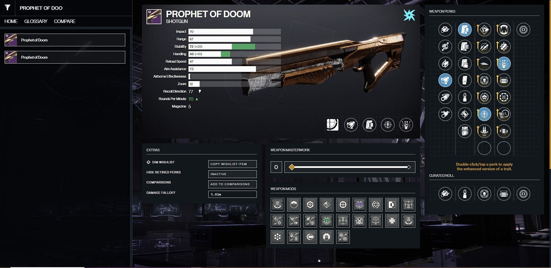 Prophet of Doom PvE god roll in Destiny 2 (Image via Bungie/D2Gunsmith)