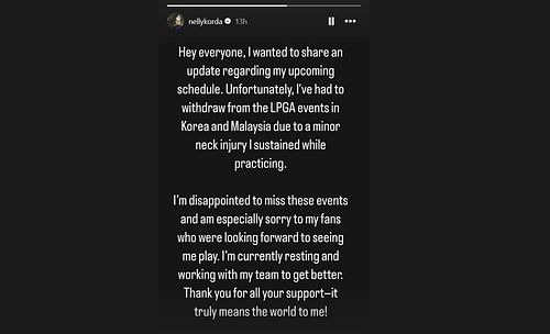 Nelly Korda suffers from injury during practice (Image via Instagram@NellyKorda)