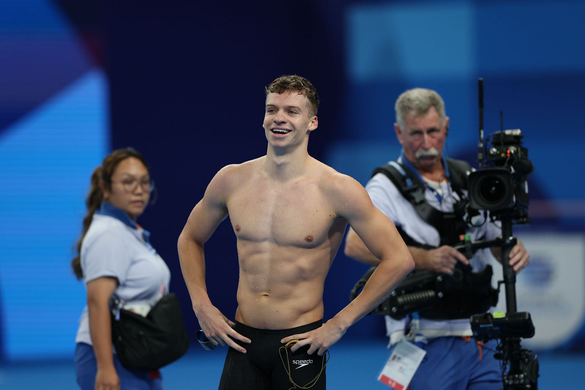 Leon Marchand smiles after winning 200m individual medley at the 2024 Summer Olympics; Source: Getty