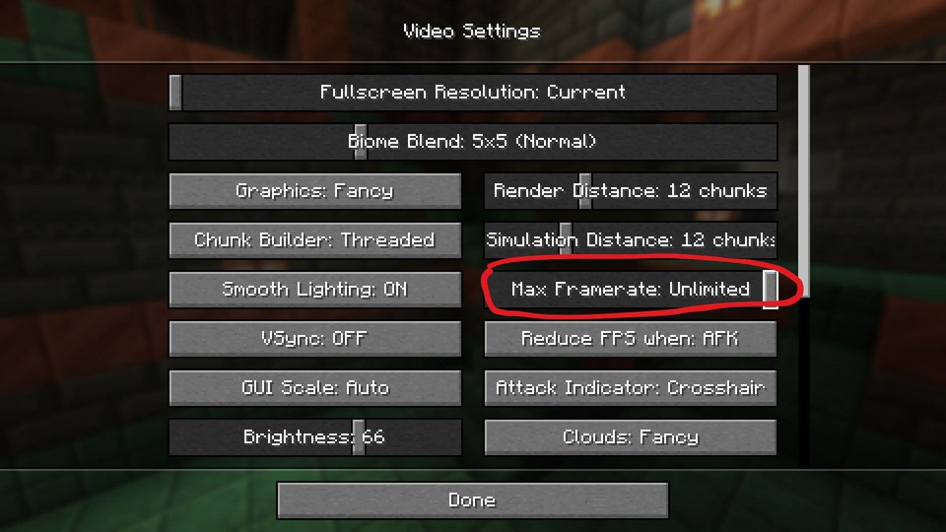 Check your framerate slider if the "Minecraft stuck at 60 FPS" issue persists (Image via Mojang Studios)