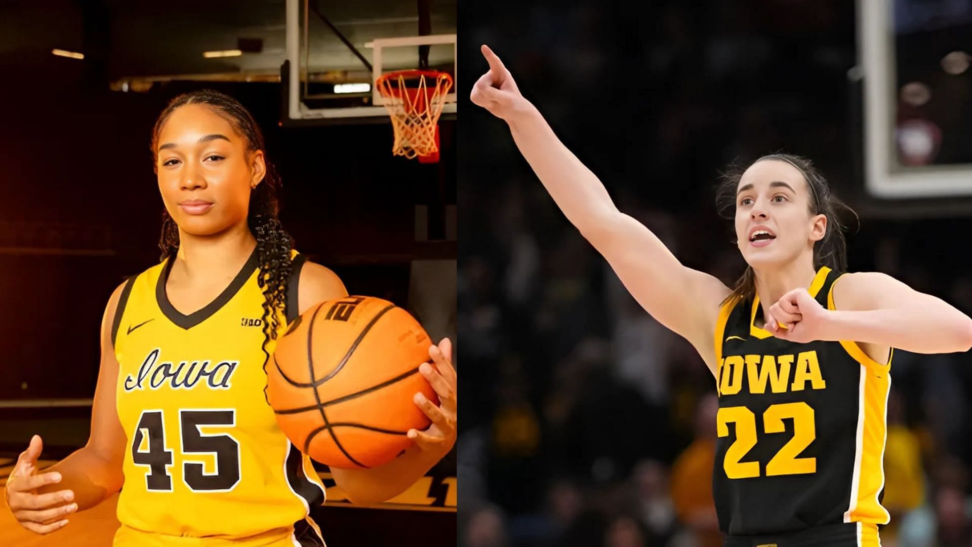 Iowa forward Hannah Stuelke (left) and Hawkeyes legend and Indiana fever guard Caitlin Clark (right). (Image Source; IMAGN)