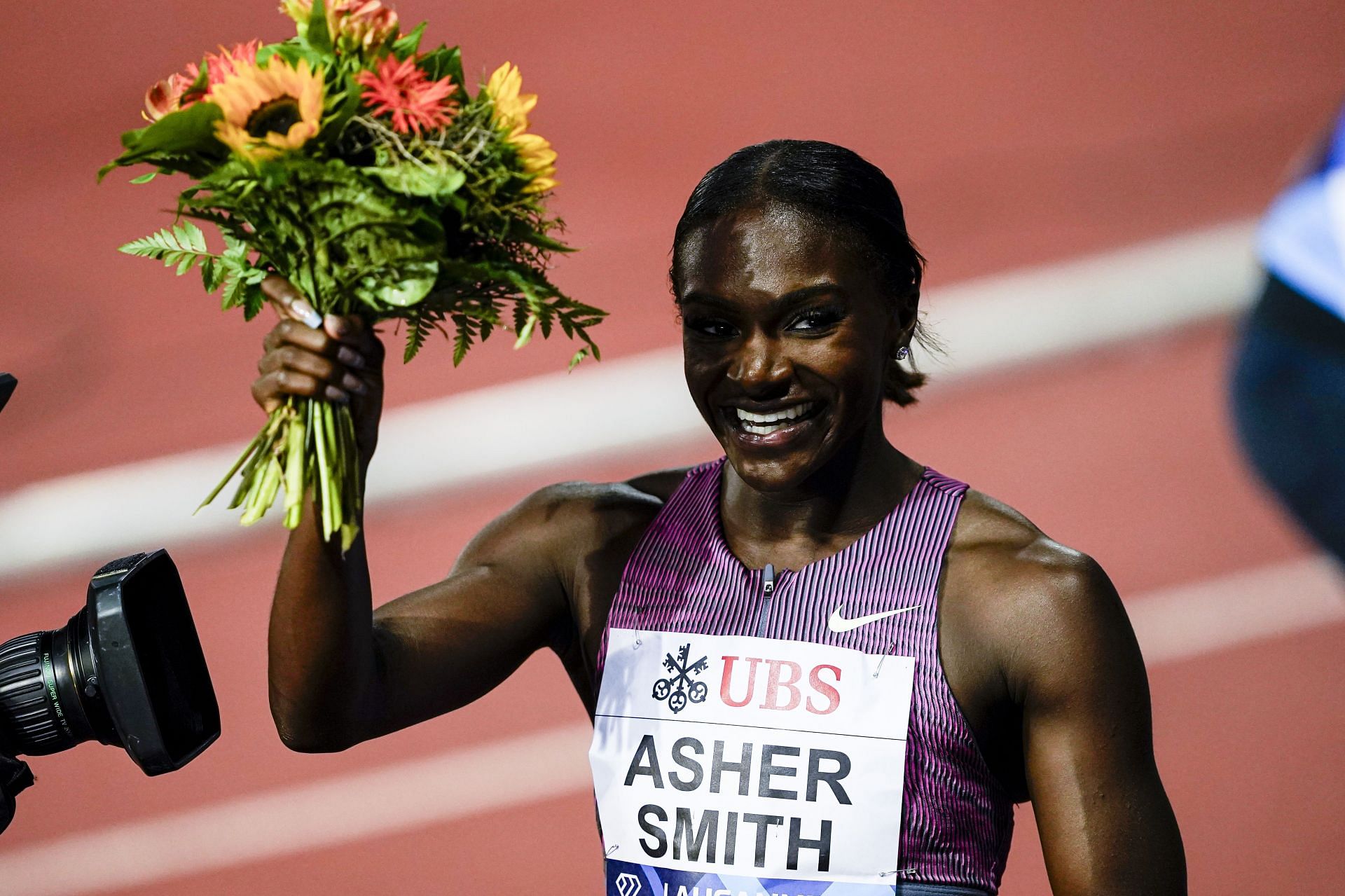 Dina Asher-Smith of Great Britain celebrates after finishing the 100m Women during the Lausanne Diamond League at Stade de la Pontaise in Lausanne, Switzerland. (Photo by Getty Images)