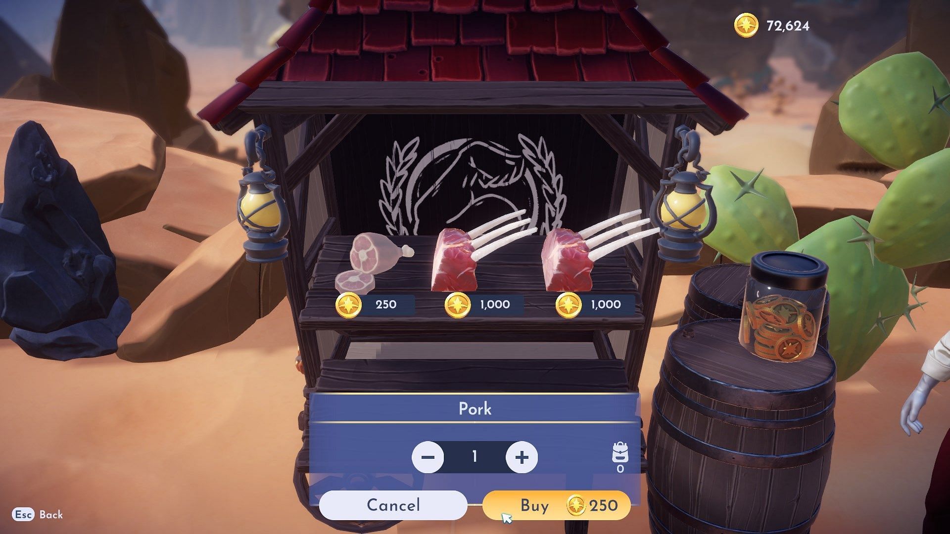 Purchase Pork from Gaston&#039;s stall in Glittering Dunes. (Image via Gameloft)