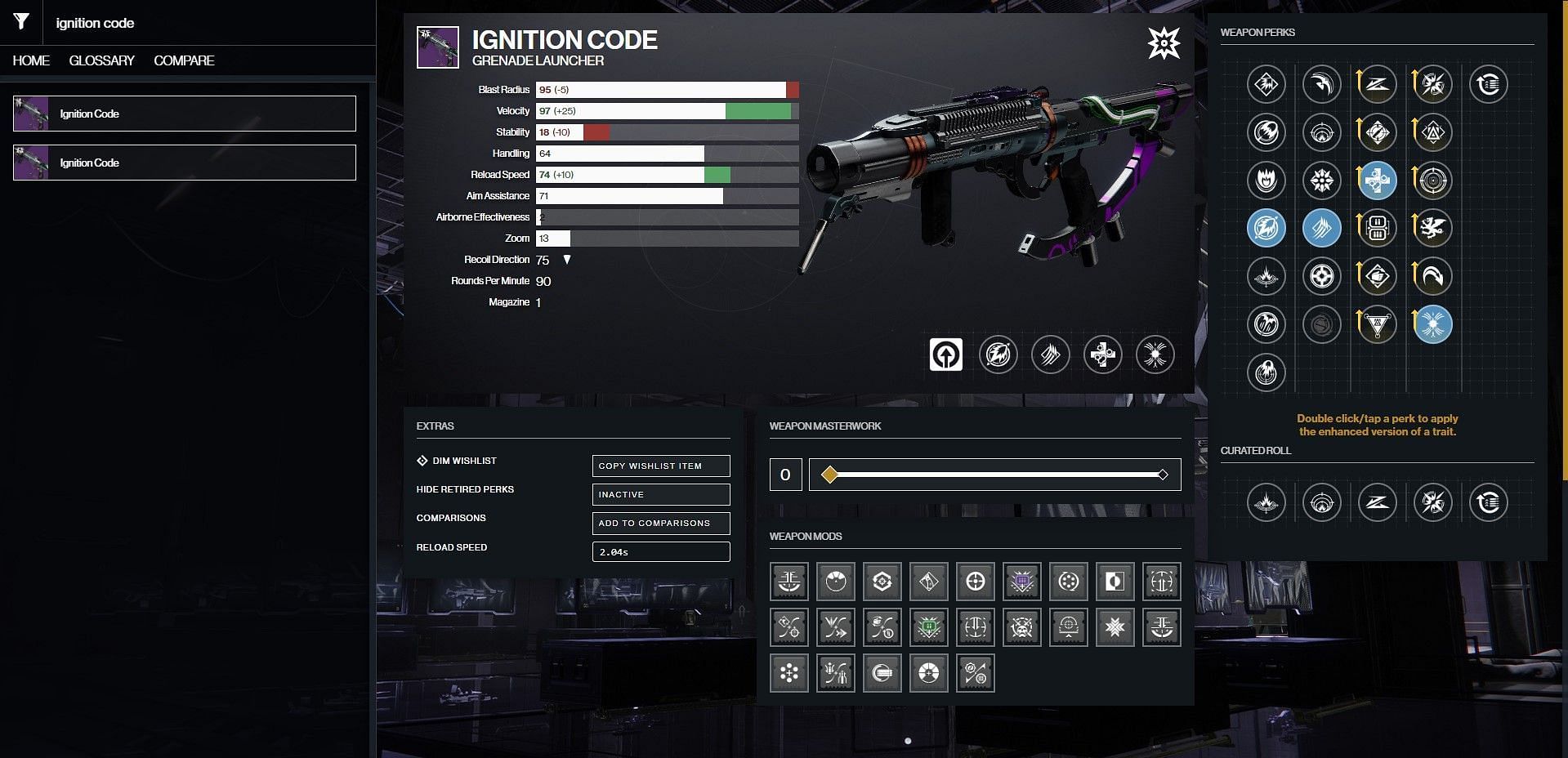 Ignition Code PvP god roll (Image via D2Gunsmith/Bungie)