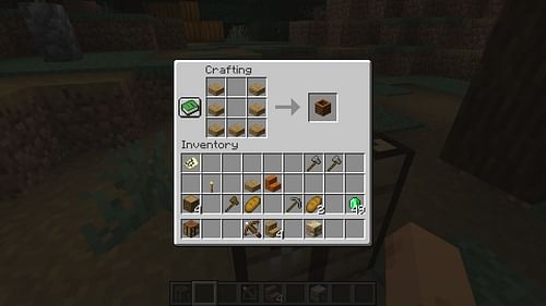 Place six wood slabs in the format shown above to craft the composter (Image via Mojang Studios)