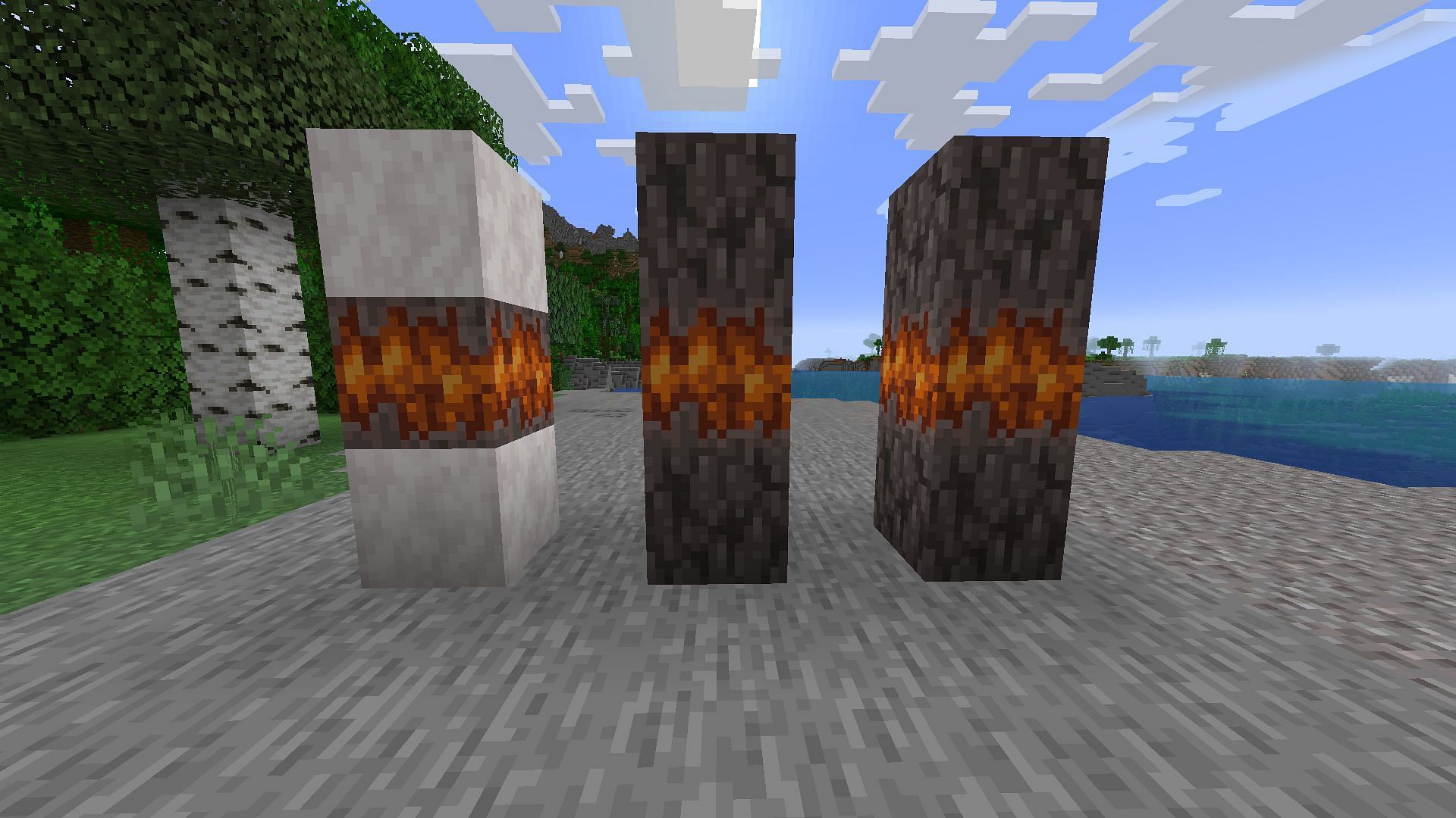 Stripped pale oak, pale oak wood, and pale oak logs being used to activate a creaking heart in Minecraft (Image via Mojang)