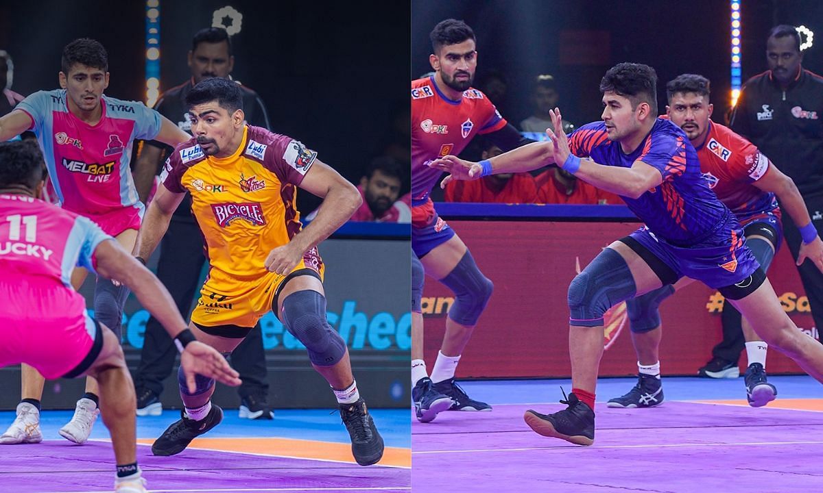 पवन सेहरावत और नवीन कुमार (Photo Credit - @Telugu_Titans/@DabangDelhiKC)