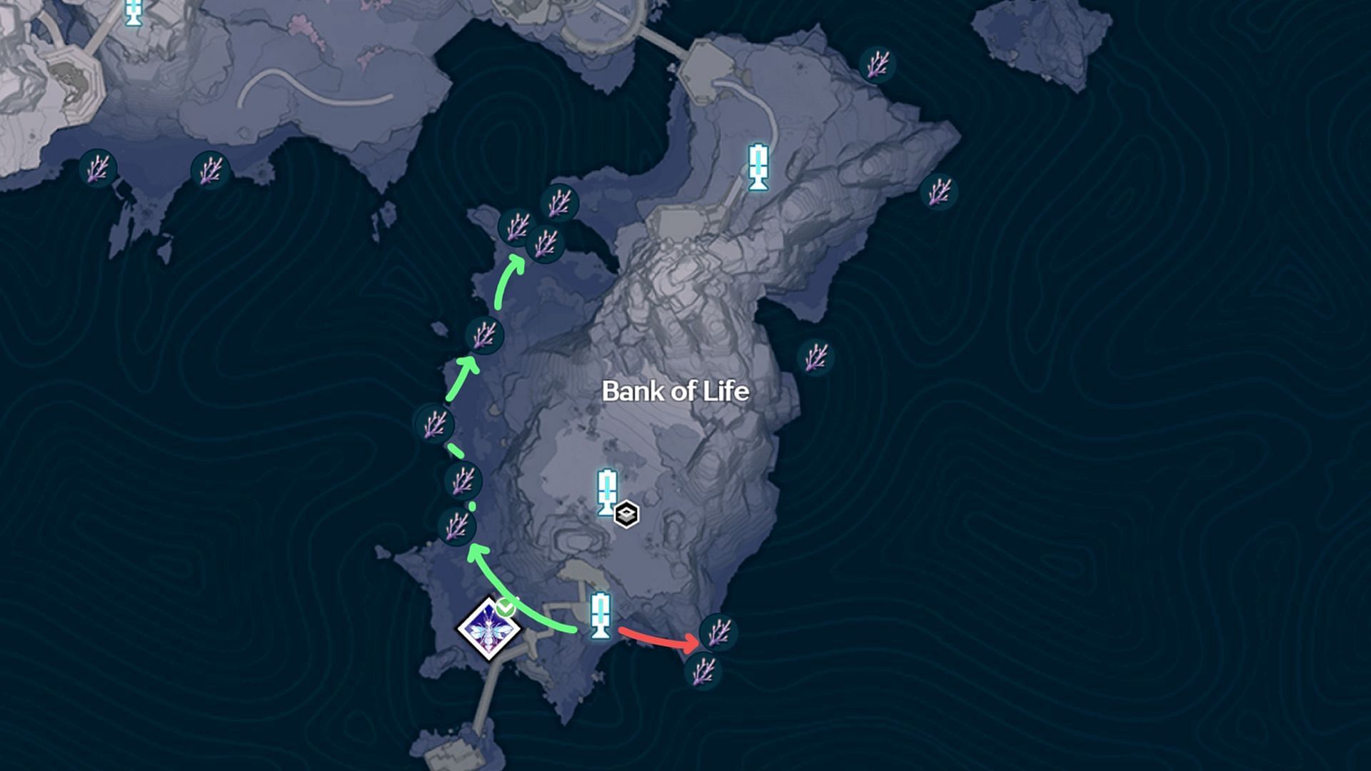 Route #1 for collecting Violet Coral in the Bank of Life area (Image via Kuro Games)