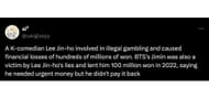 Lee Jin-ho scammed 100 million KRW from BTS' Jimin in 2022 and never paid him back. (Image via X/@uarglxsyy)