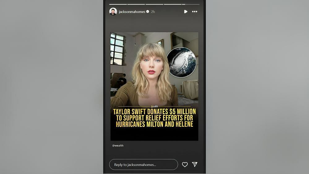 Patrick Mahomes' brother Jackson reshares post highlighting Taylor Swift's $5 million donation (Image Source: Jackson/Instagram)