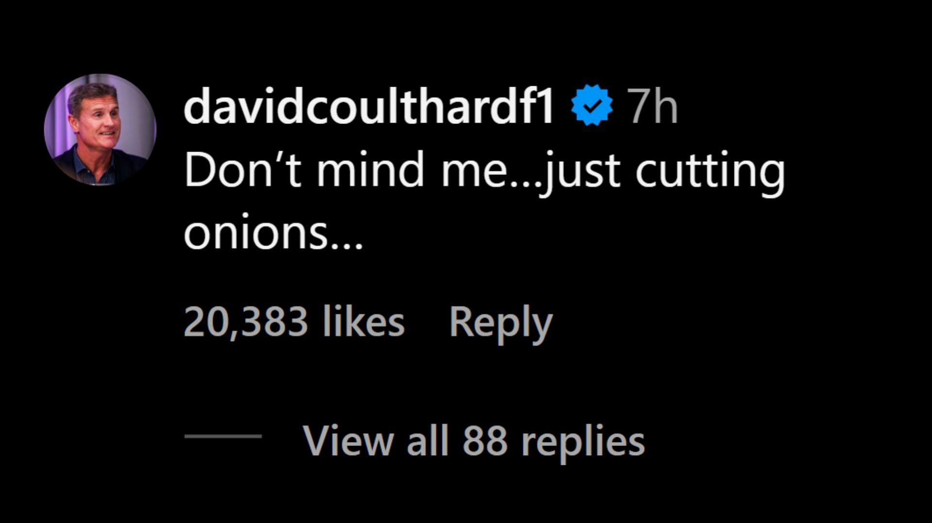 David Coulthard's reaction to Daniel Ricciardo posting pictures of his last day in F1 at the Singapore Grand Prix (Image via Instagram)