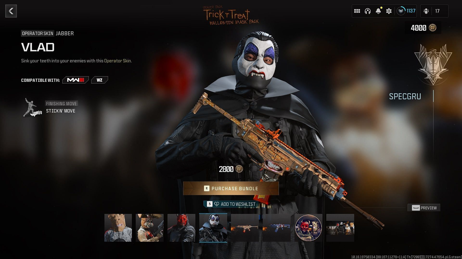 All items in the Trick &lsquo;r Treat Halloween Mask Tracer Pack in MW3 and Warzone (Image via Activision)