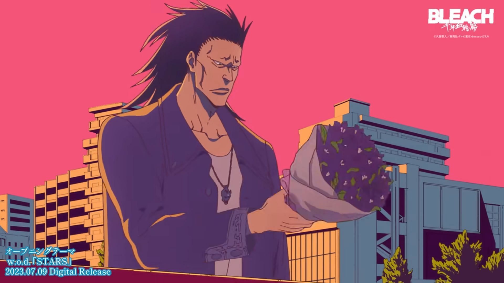 Zaraki Kenpachi is shown holding a bouquet of Bellflowers. (Image via Studio Pierrot)