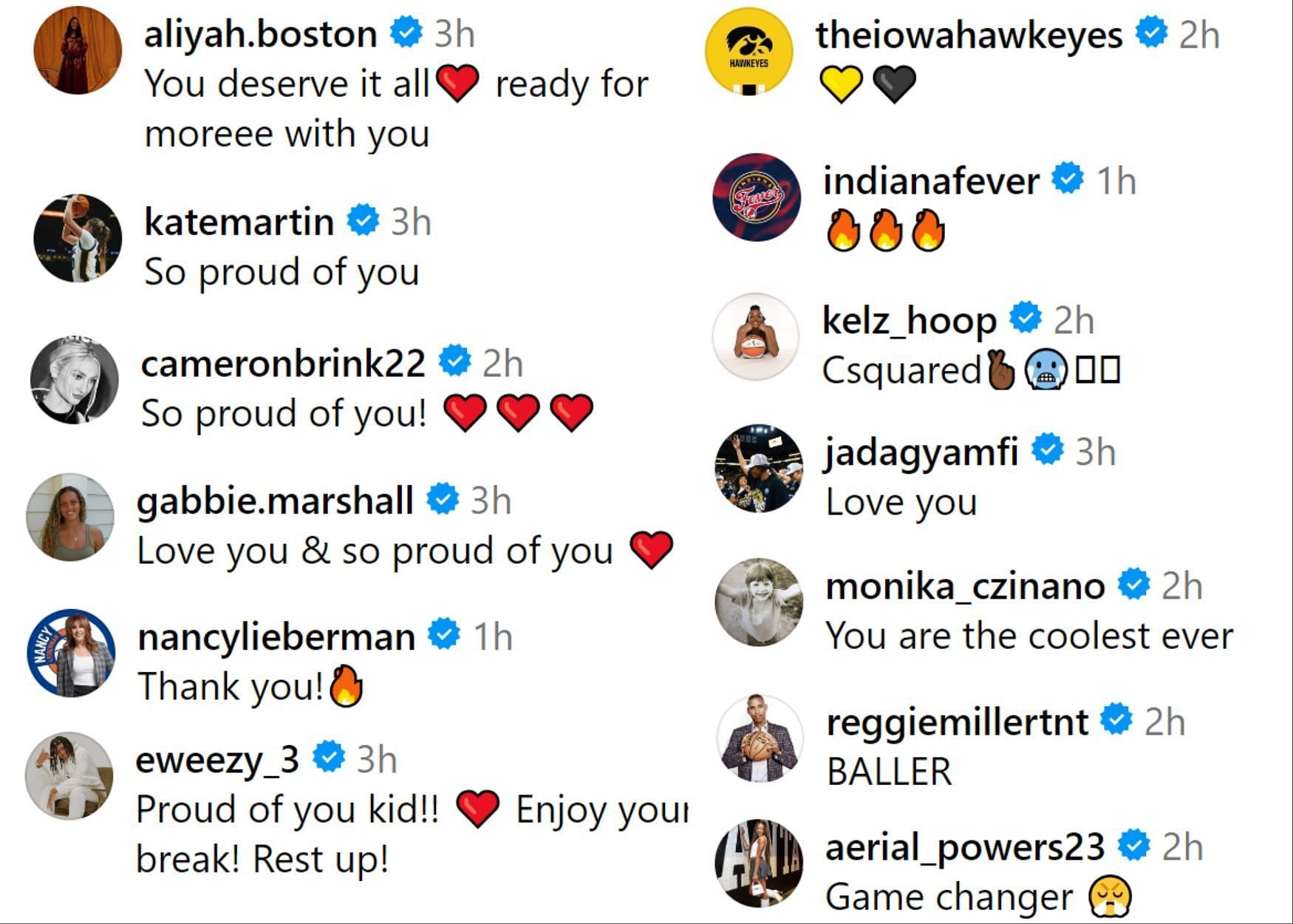 Many basketball personalities commented on Caitlin Clark&#039;s IG post. (Photo: Screengrabbed from CC&#039;s IG post)