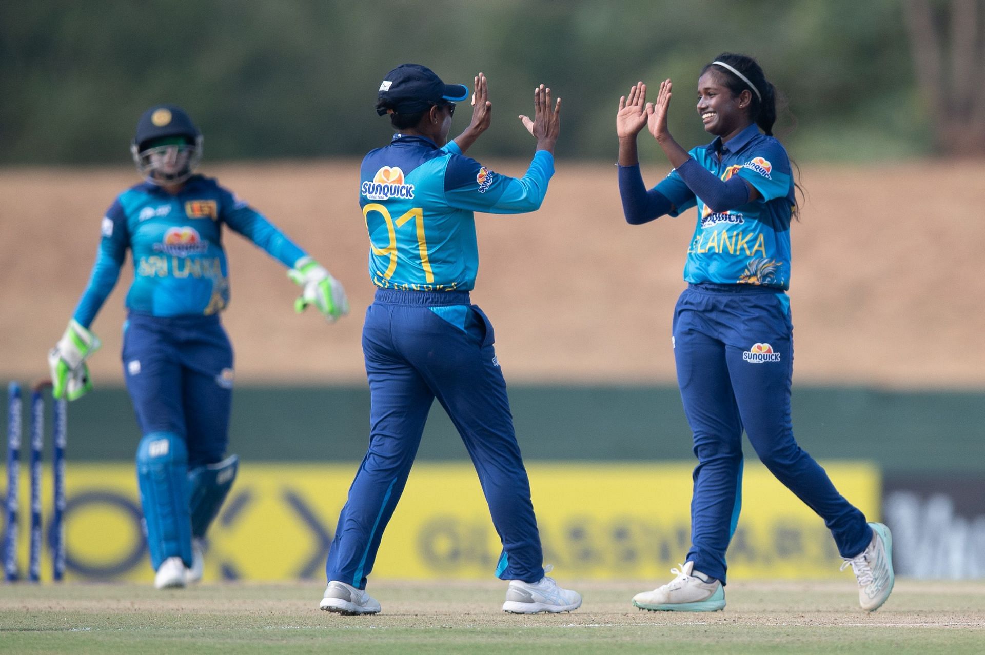 Shashini Gimhani (right) celebrating a wicket against Malaysia in Asia Cup 2024.