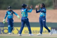 Shashini Gimhani (right) celebrating a wicket against Malaysia in Asia Cup 2024.