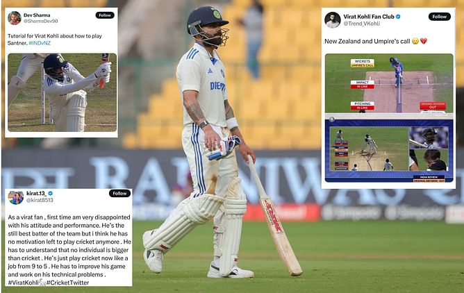 "He has no motivation left to play cricket" - Fans react as Virat Kohli is dismissed cheaply on Day 3 of IND vs NZ 2024 2nd Test