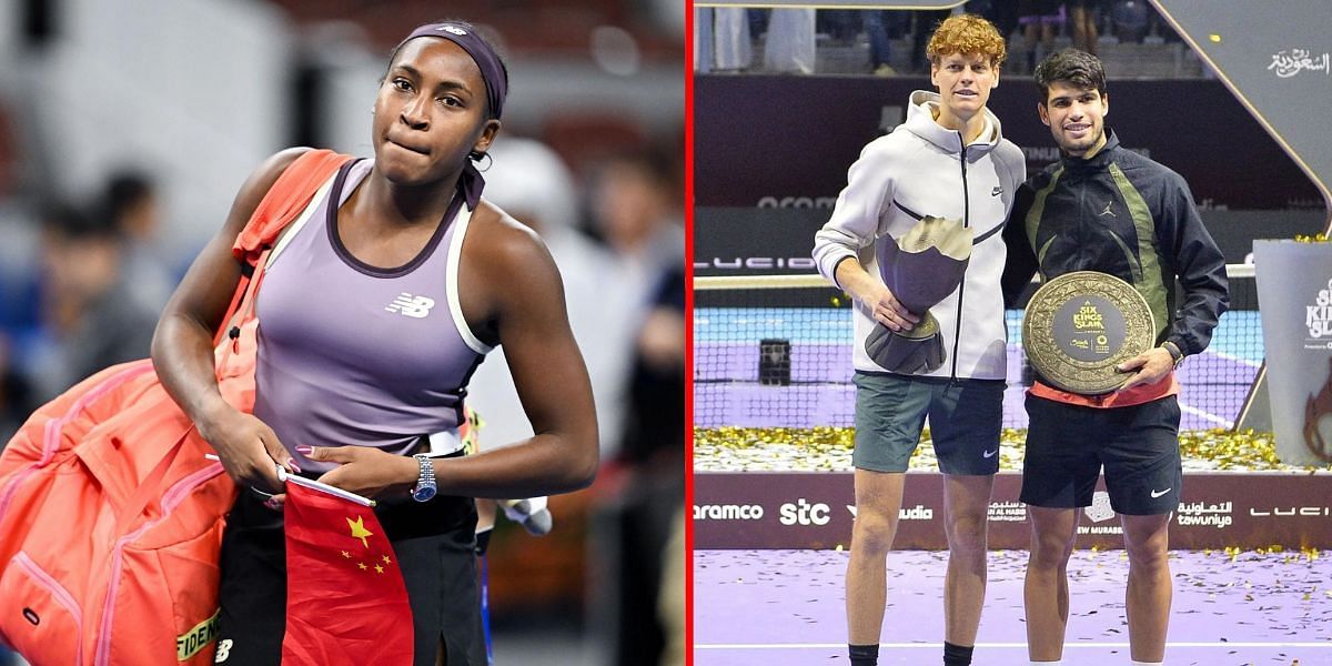 Coco Gauff (L), Jannik Sinner and Carlos Alcaraz with their Six Kings Slam trophies | Getty