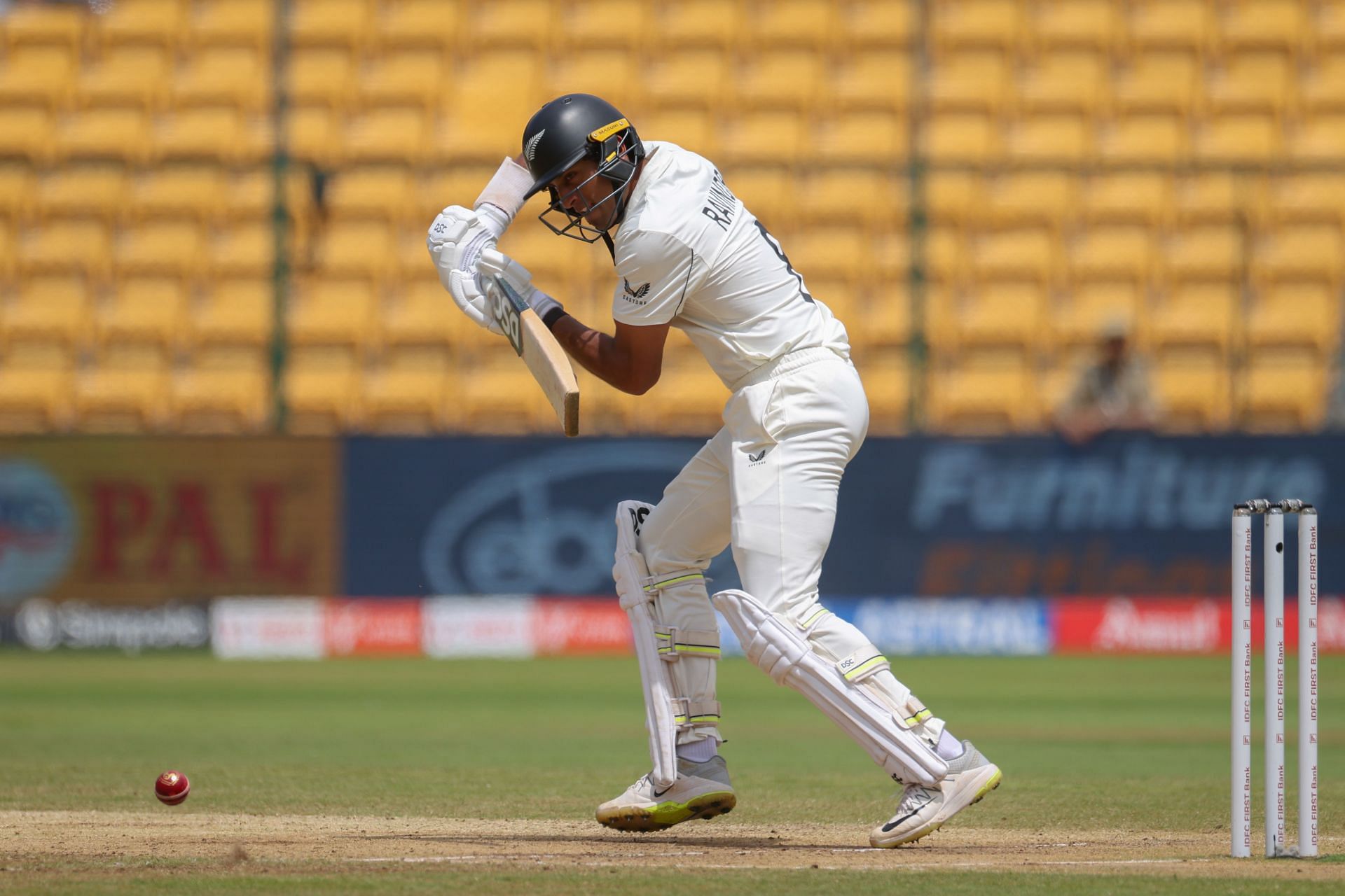 Rachin Ravindra of New Zealand bats during day three of the First Test match between India and New Zealand at M. Chinnaswamy Stadium.