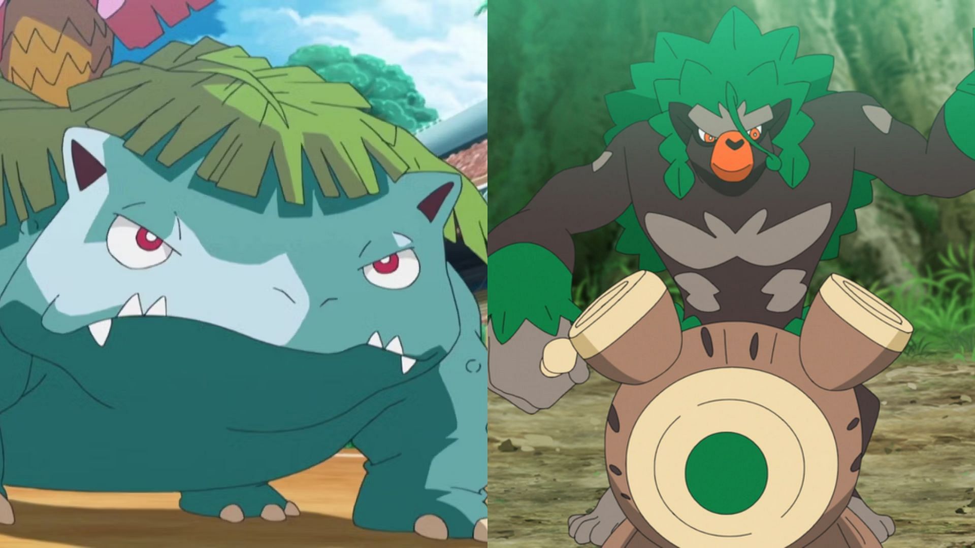 Venusaur and Rillaboom in the anime (Image via The Pokemon Company)