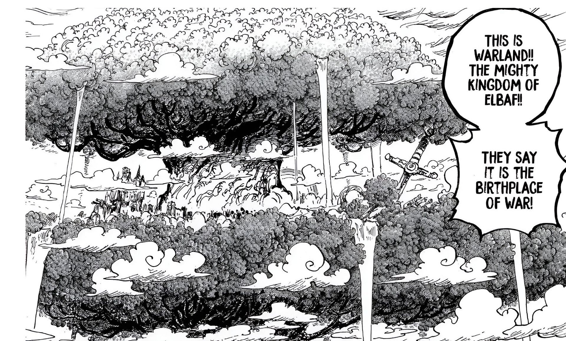 A giant sword stuck inside the Yggdrasil tree (Image via Shueisha)