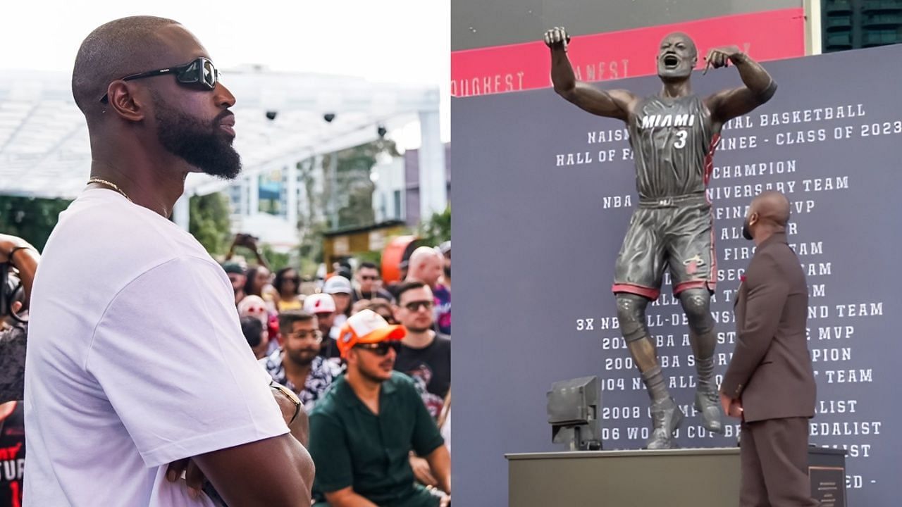 Dwyane Wade quips about his statue&rsquo;s design during its unveiling at Miami&rsquo;s Kaseya Center [Photo Credit: IH/@nba, X/@MiamiHEAT]