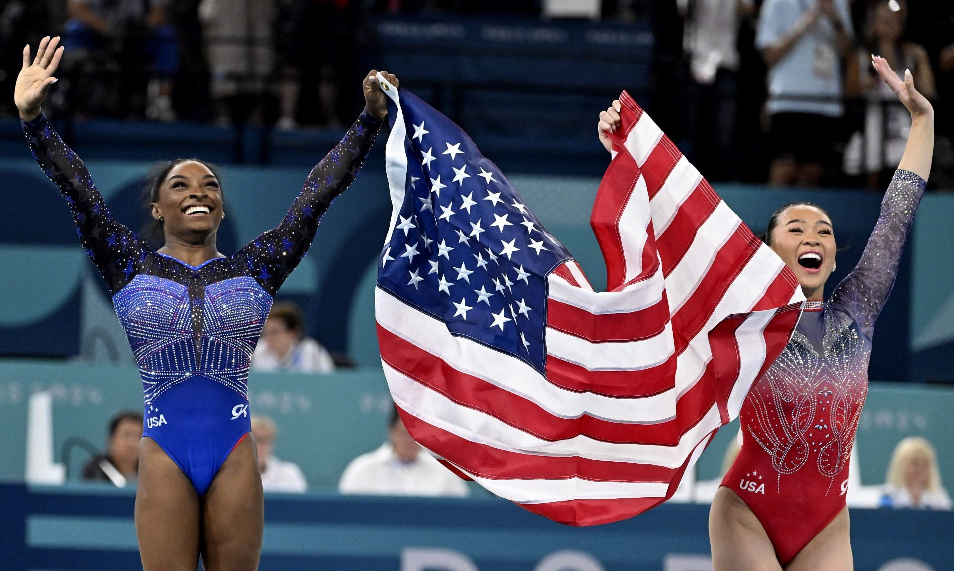 Simone Biles and Suni Lee at the Paris Olympics 2024. (Photo by Keith Birmingham/MediaNews Group/Pasadena Star-News via Getty Images)