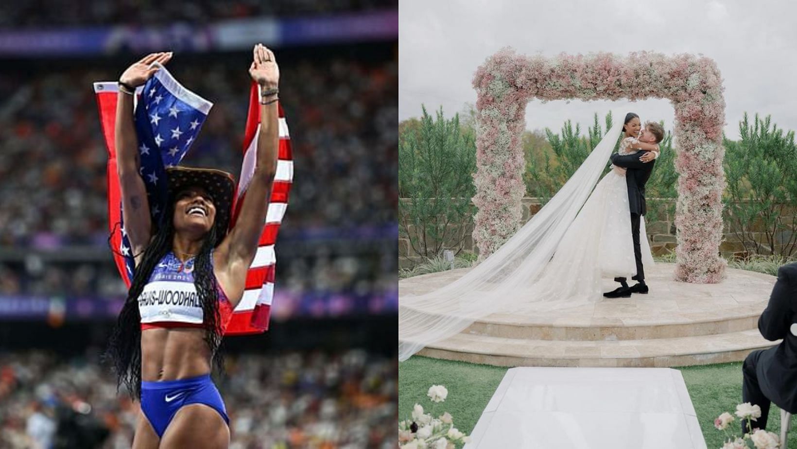 Tara Davis-Woodhall on her dream wedding (Image Source: L: Getty, R - @hunterwoodhall on Instagram)