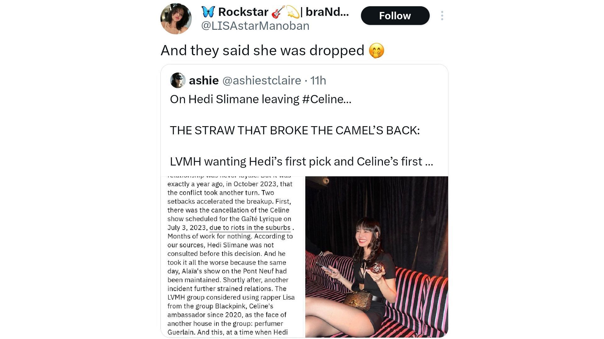 A fan reacts to BLACKPINK&#039;S Lisa&#039;s alleged link to Hedi Slimane&#039;s departure from CELINE (Image via X/@lisastarmanoban)