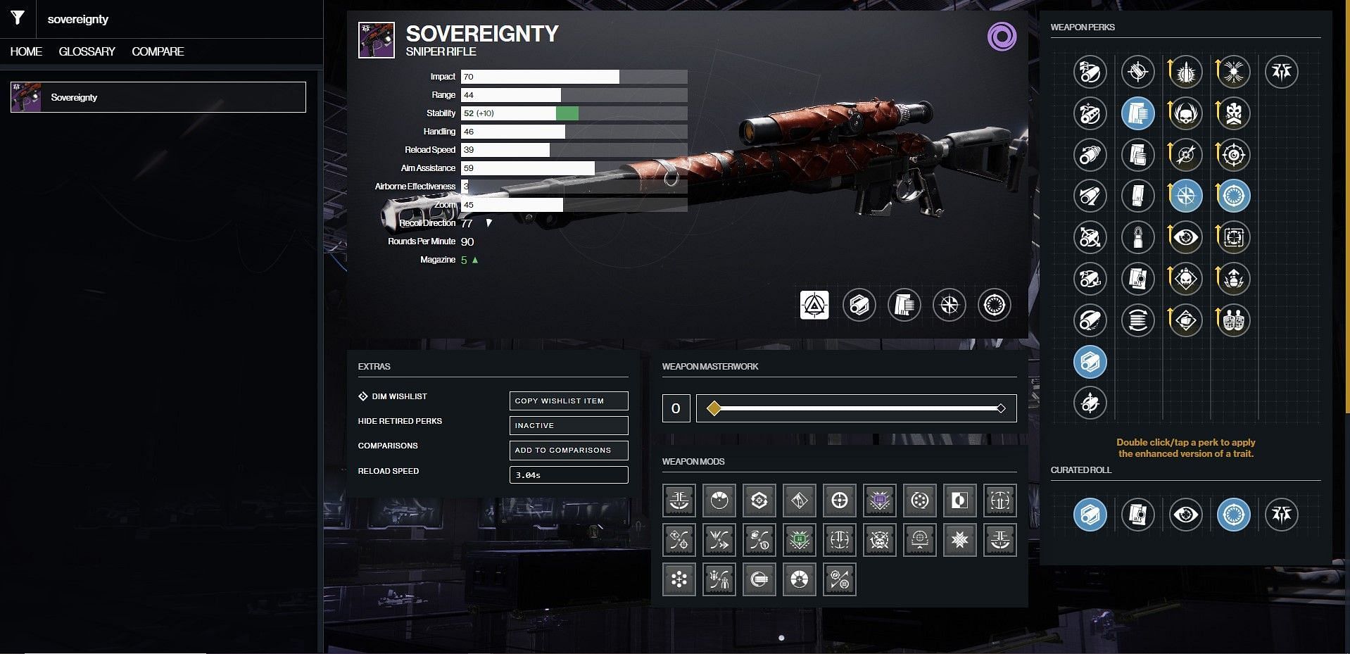 Sovereignty PvE god roll (Image via D2Gunsmith/Bungie)