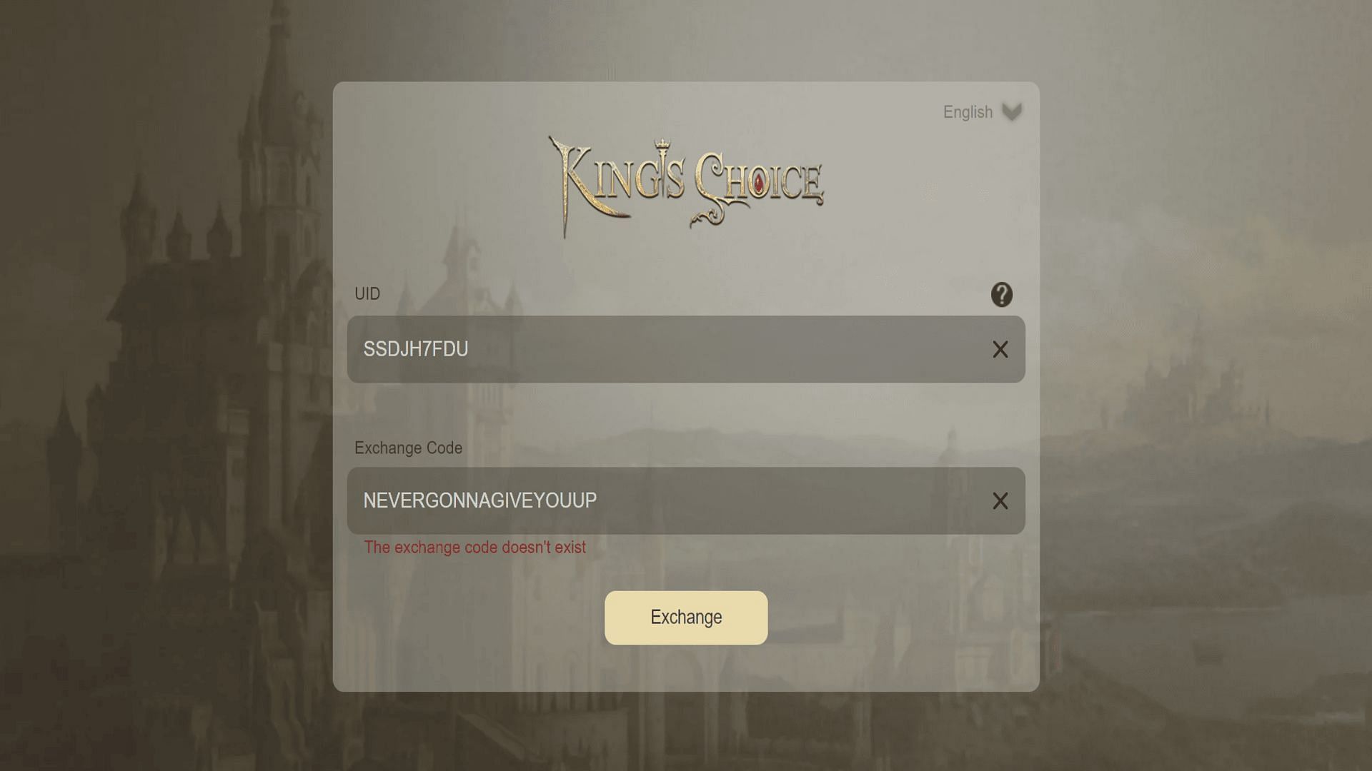 Entering an invalid code in King&#039;s Choice (Image via ONEMT)