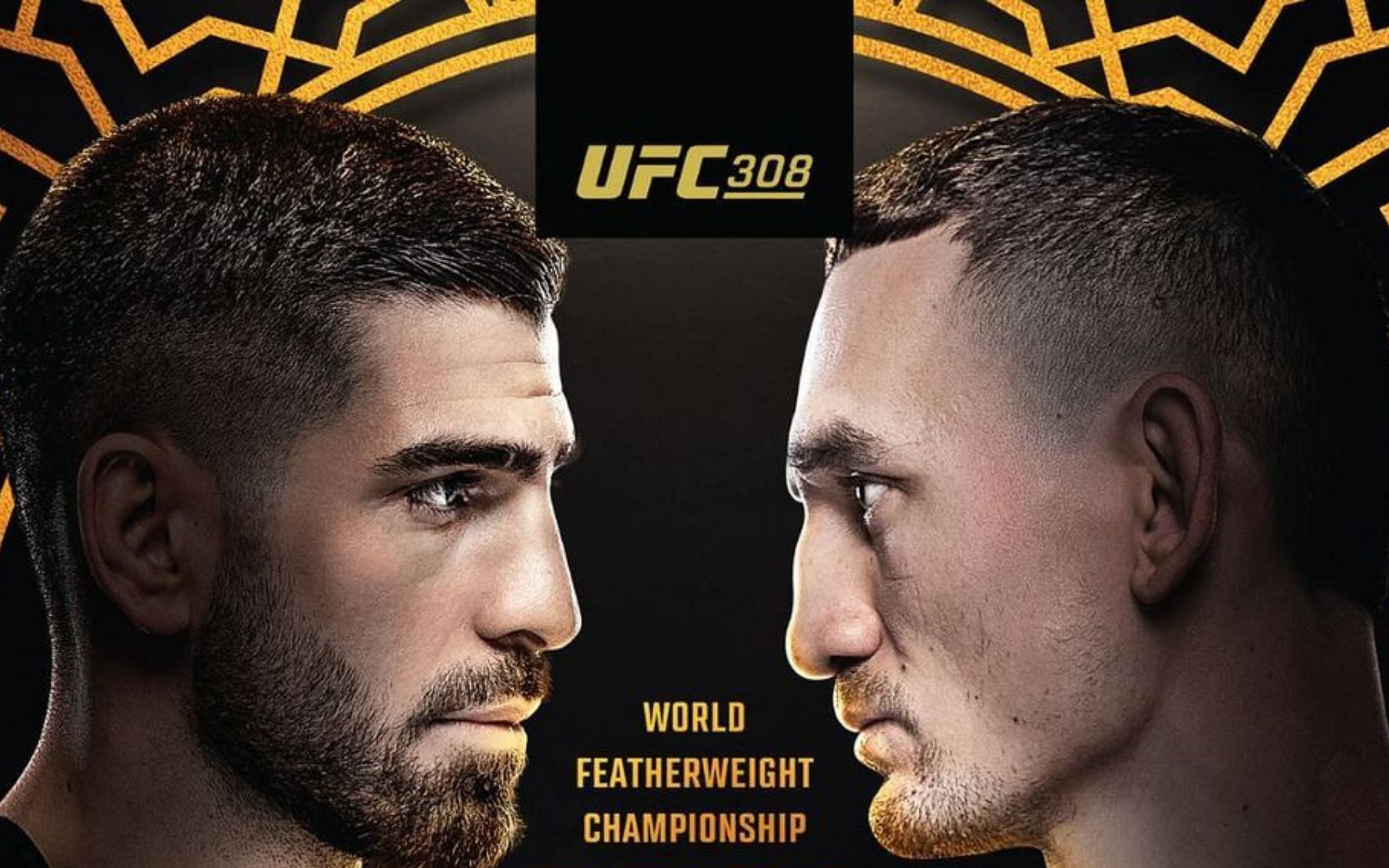 Ilia Topuria (left) will look to defend his featherweight throne against Max Holloway (right) at UFC 308 [Image courtesy: @ufceurope on Instagram]