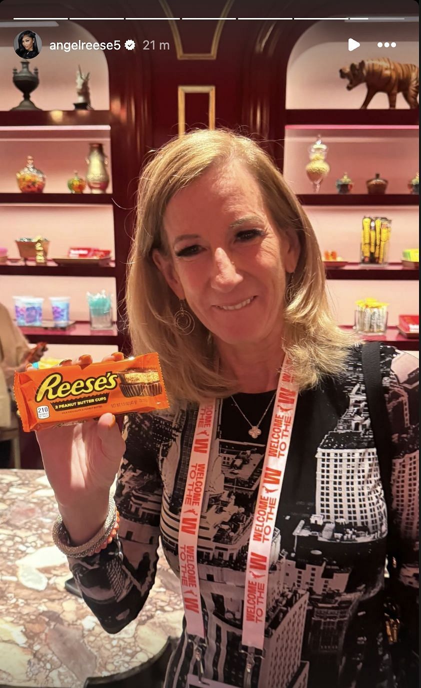 Reese shows off WNBA commissioner Cathy Engelbert holding her iconic chocolate after dramatic Finals (Image credits: Angel Reese IG)