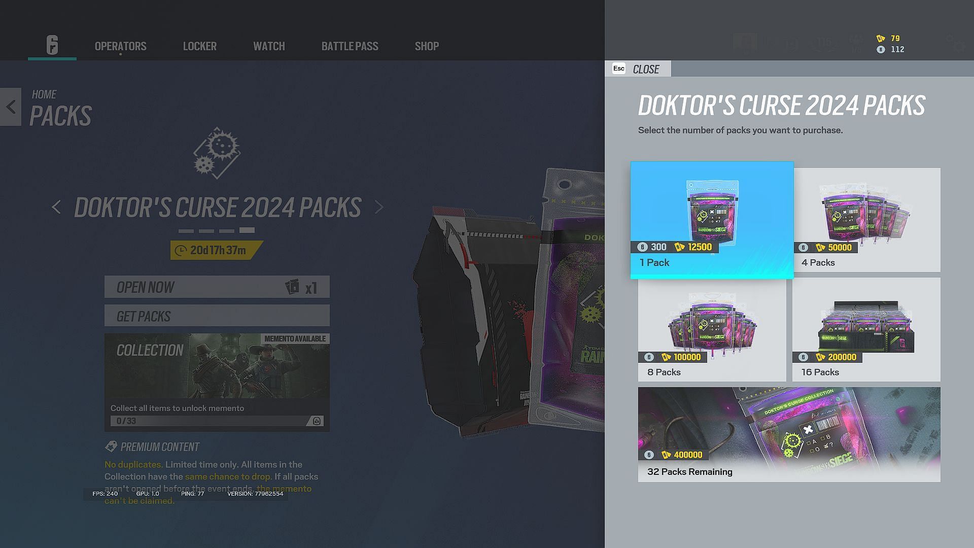 Buying packs in Rainbow Six Siege Doktor's Curse 2024 (Image via Ubisoft)