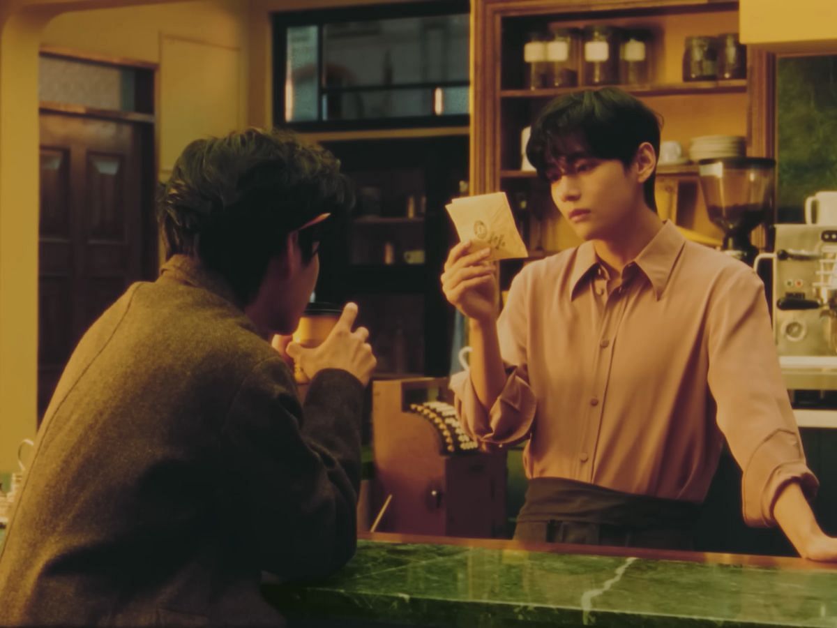 Still from BTS&#039; Taehyung dual role Compose Coffee ad (Image via YouTube/@composecoffee.official)