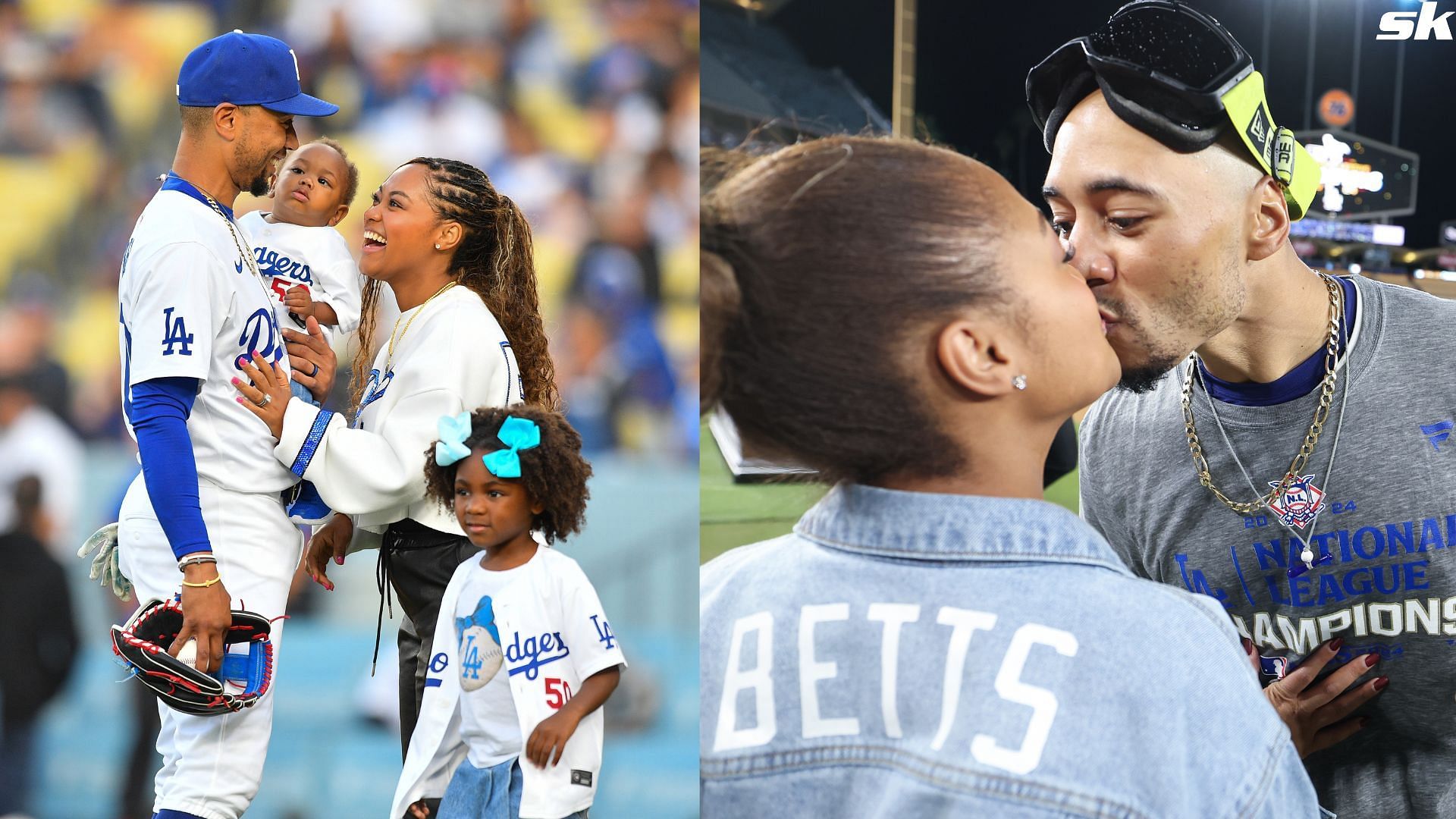 Los Angeles Dodgers shortstop Mookie Betts looks on with his family and wife Brianna Hammonds before a MLB game against the Arizona Diamondbacks at Dodger Stadium (Source: Getty)