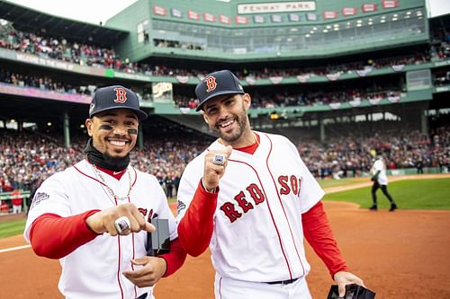 Betts shows off his World Series ring after winning the 2018 title with the Red Sox - Source: Getty