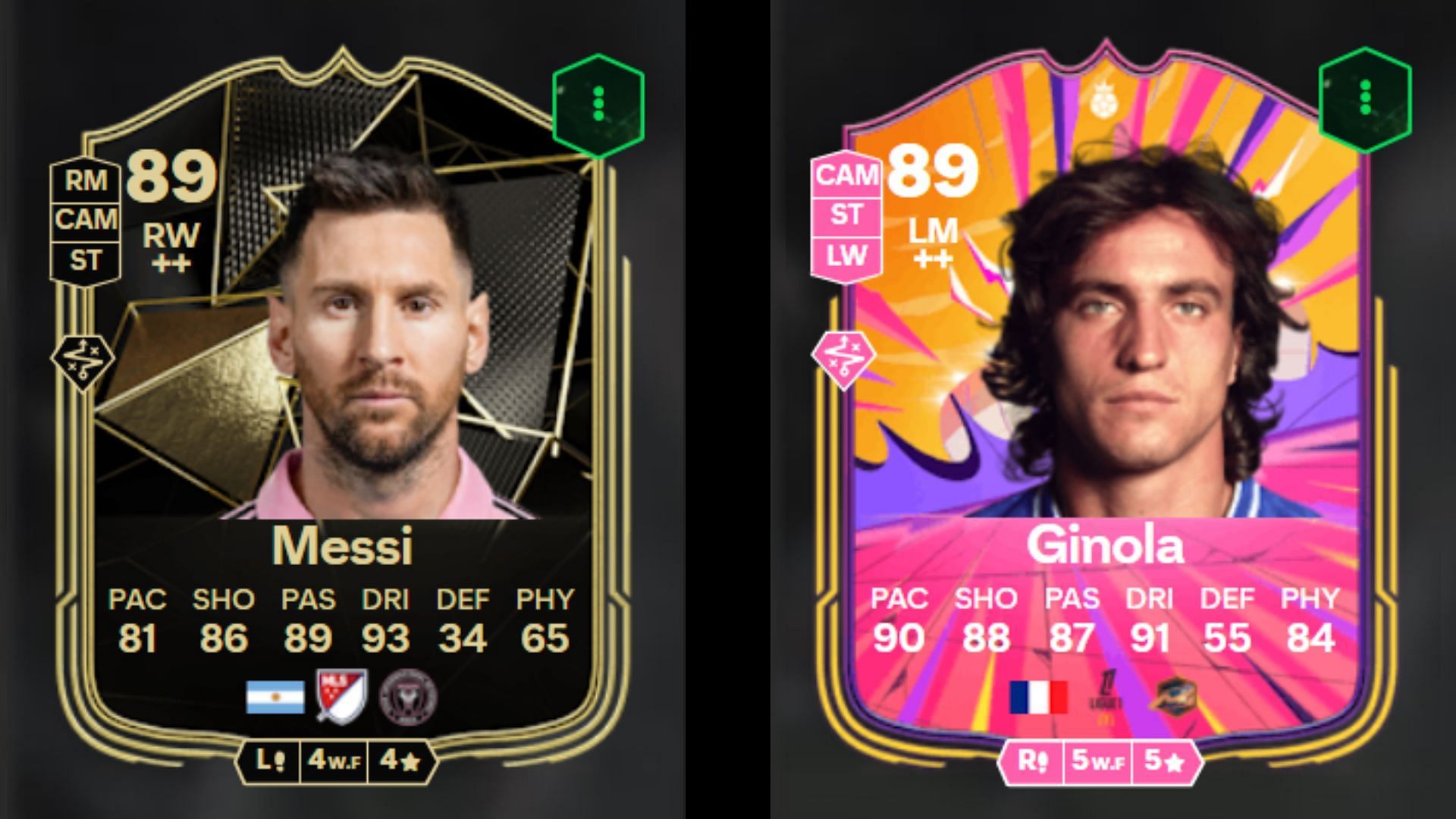 Messi TOTW and Ginola Hero cards (Images via FUTBIN || EA Sports)