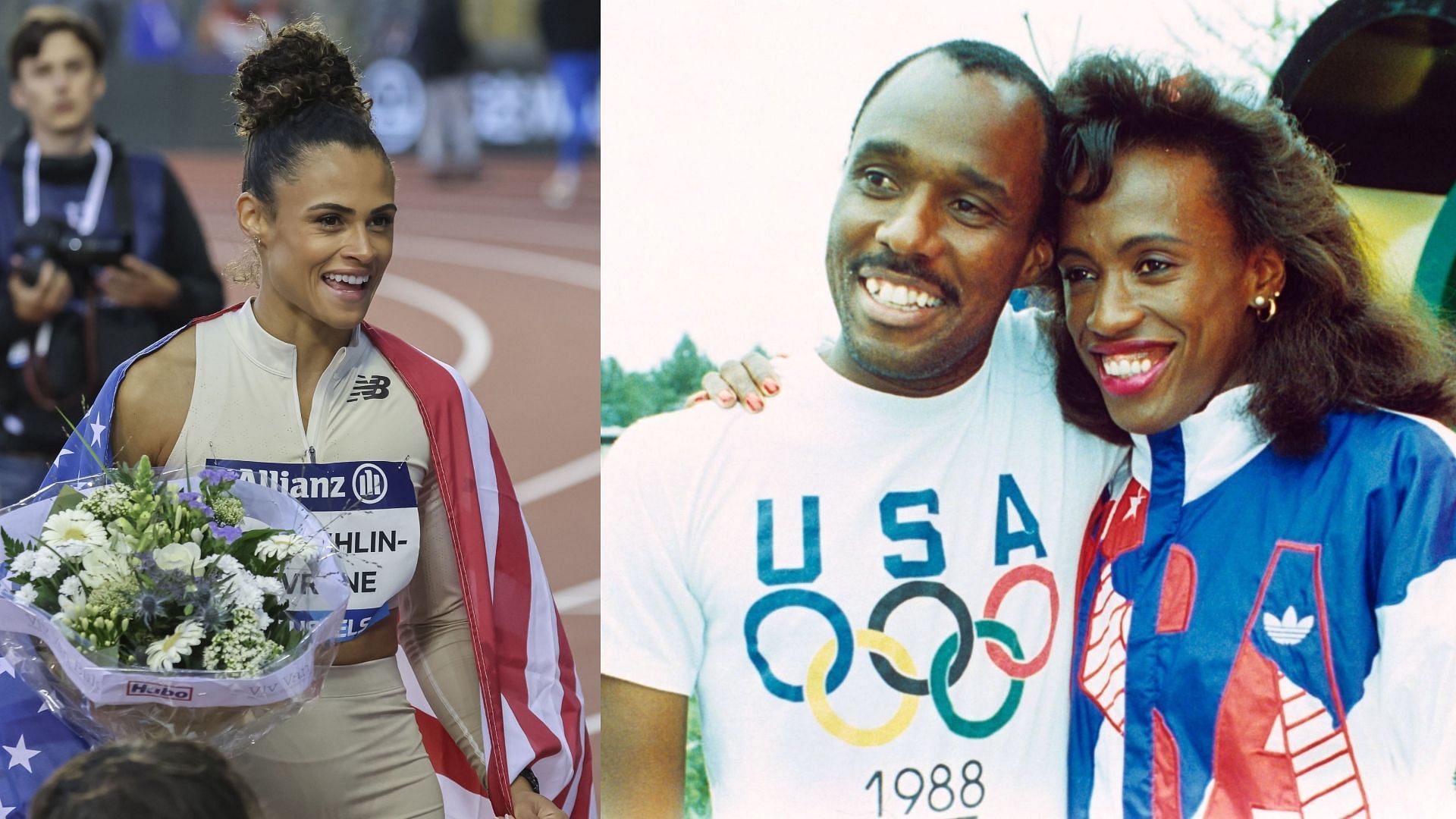 Sydney McLaughlin-Levrone reacts to his coach (Images: All via Getty)